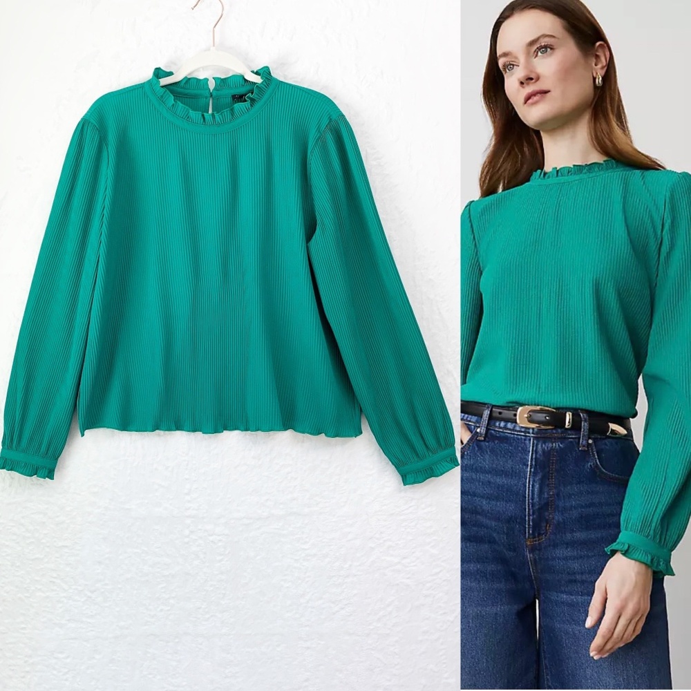 Ann Taylor Pleated Ruffle Blouson Sleeve Popover in Shady Glade Sz LP